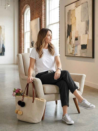 pantalon en coton et lin à taille élastique