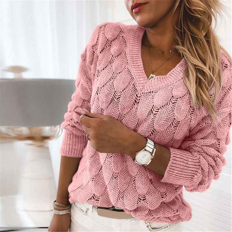 Pull en tricot Ins Feather Hollow à col en V pour femme