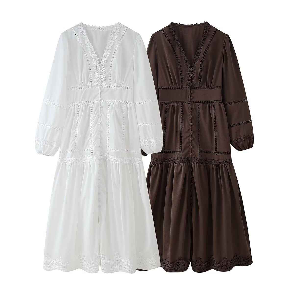 Robe longue décontractée à col en V, en dentelle ajourée avec boutons décoratifs