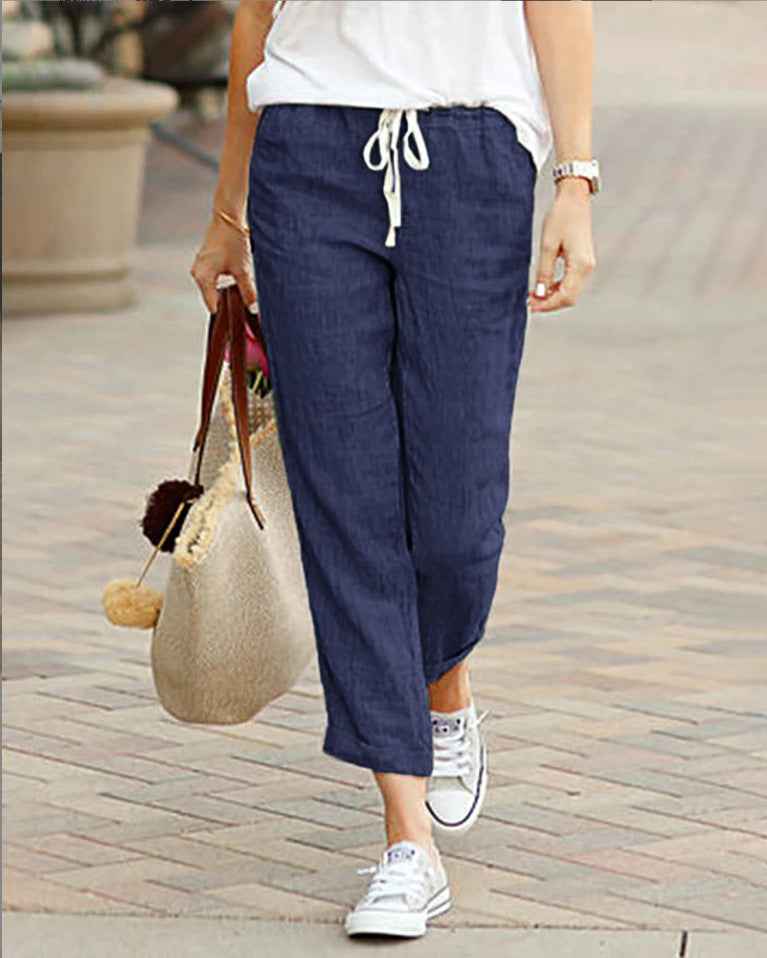 pantalon en coton et lin à taille élastique