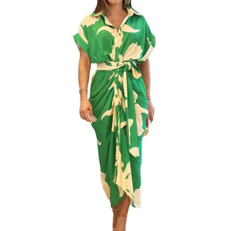 Robe blouse imprimé pour femmes avec col à revers, manches courtes et taille haute