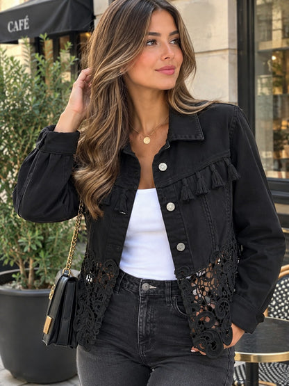 Veste pour femmes bohème à revers, empiècement ajouré et franges chic