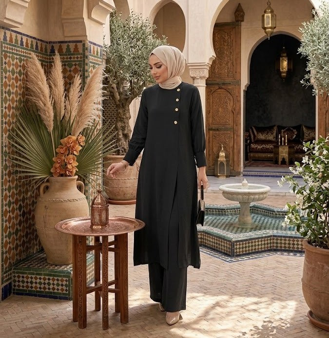 Ensemble Hijab deux pièces Mode Élégant Couleur unie