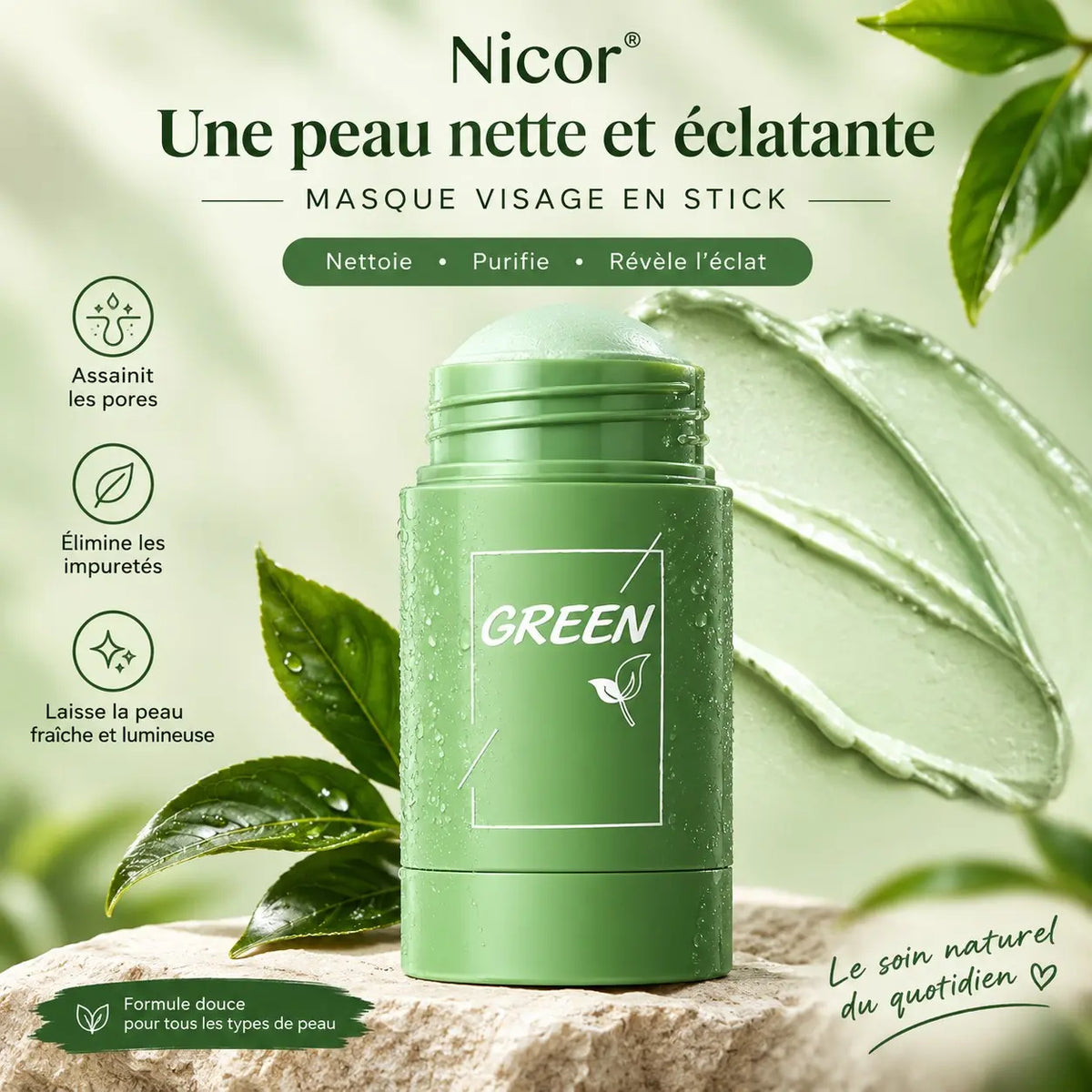 Duo de Masques Visage en Stick Nicor – Green & Eggplant | Soin Purifiant et Éclat