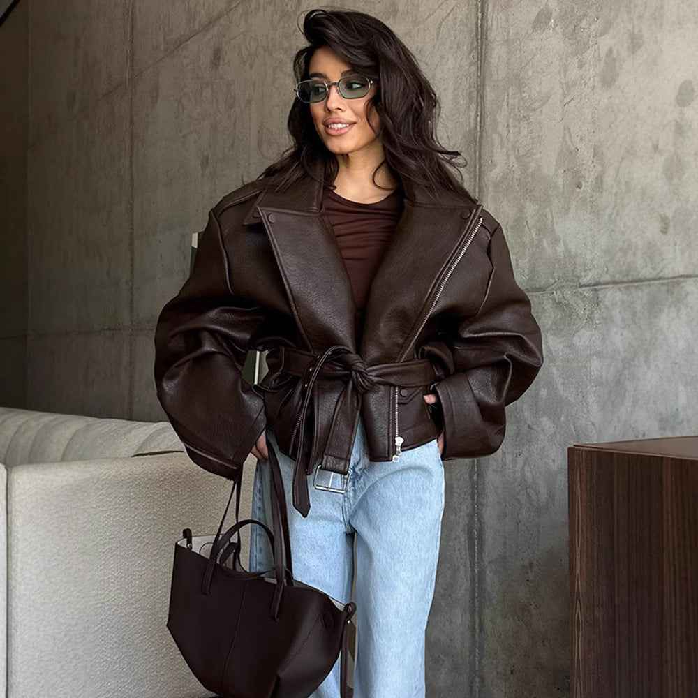 Manteau en cuir à lacets court pour femme au tempérament