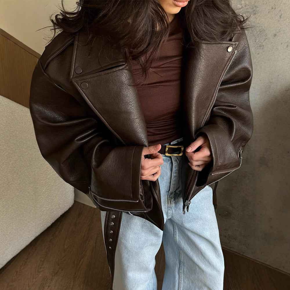 Manteau en cuir à lacets court pour femme au tempérament