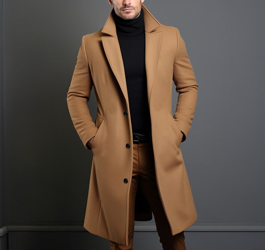 Manteau trench mi-long pour homme automne-hiver, coupe slim, poches, veste à col simple boutonnage, décontractée, business, confortable