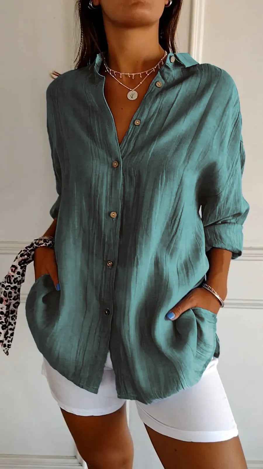 Lapel Long Sleeve Shirt Women's Single-breasted Pleated Shirt Tops Clothing