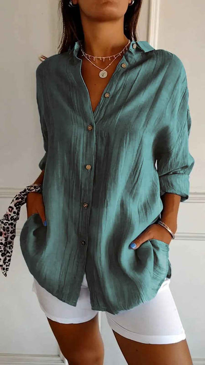 Lapel Long Sleeve Shirt Women's Single-breasted Pleated Shirt Tops Clothing