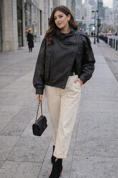 Fashionable chunky mid-heel ankle boots in matte leather