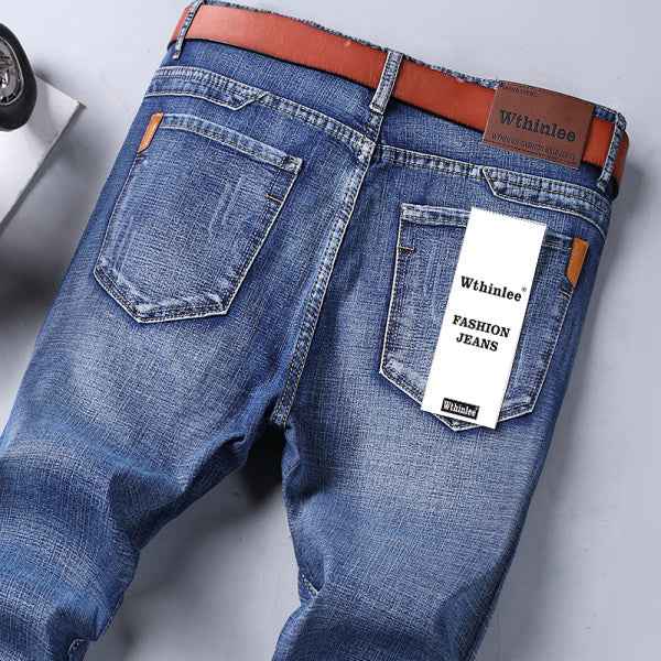 Jean en denim délavé pour hommes, coupe slim et confortable