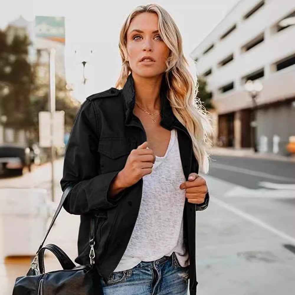 Veste décontractée pour femme à fermeture éclair, col à revers