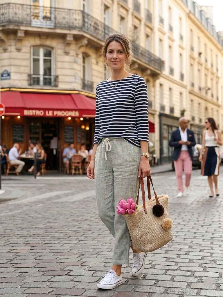 pantalon en coton et lin à taille élastique