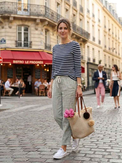 pantalon en coton et lin à taille élastique