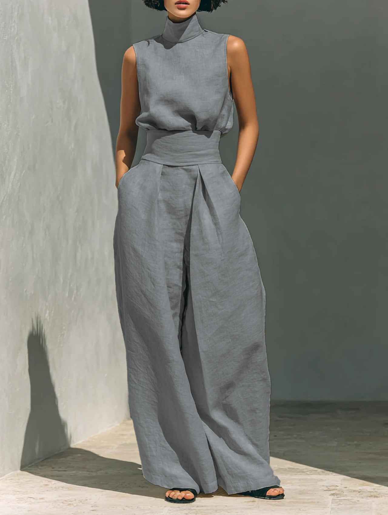 Casual Sleeveless Suit Summer Stand-up Collar Pullover Top And Loose Straight-leg Trousers Women's Clothing