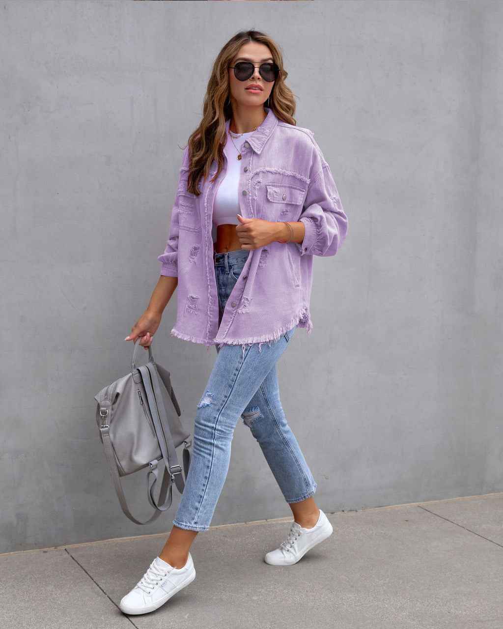 Veste Chemise Déchirée Automne et Printemps Hauts Décontractés pour Femmes