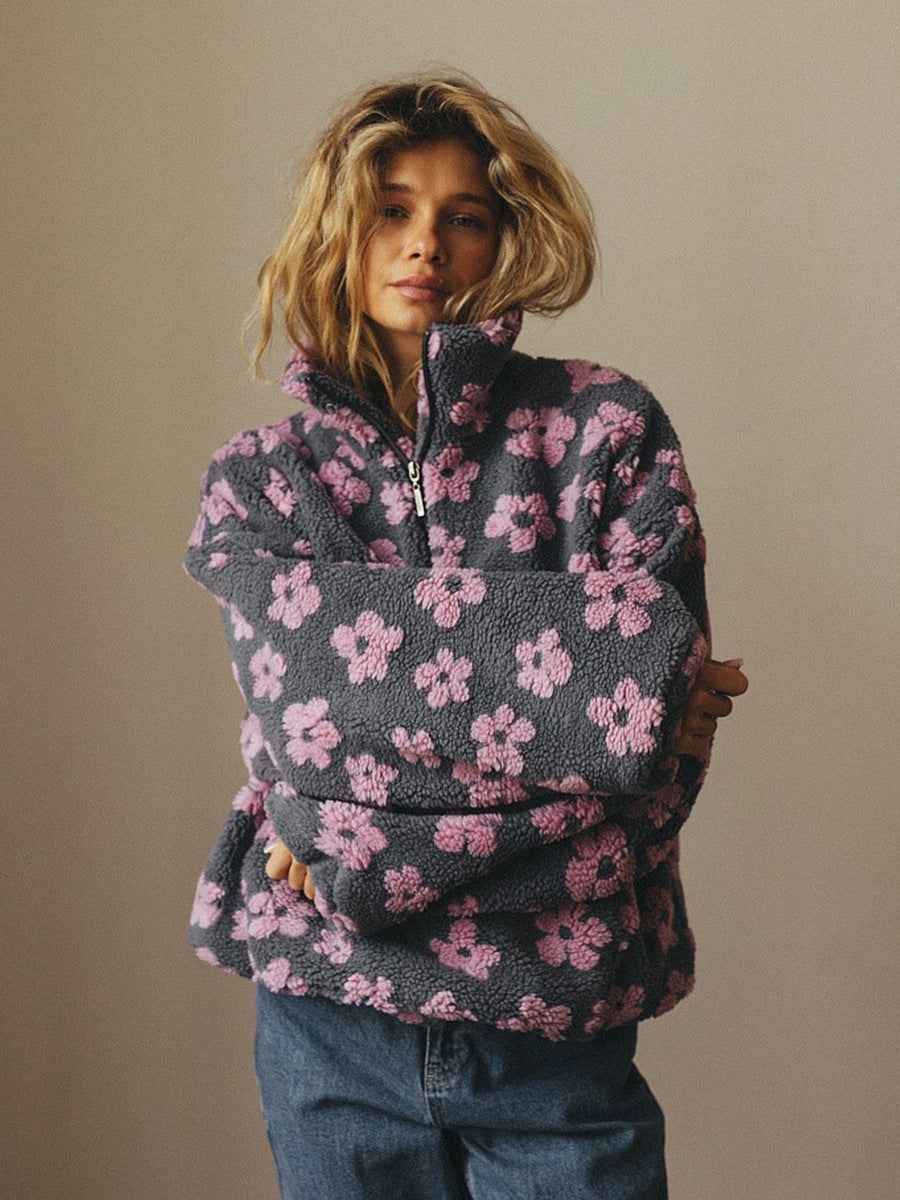 Sweatshirt en polaire avec fleurs d'hiver, style décontracté, pour femmes