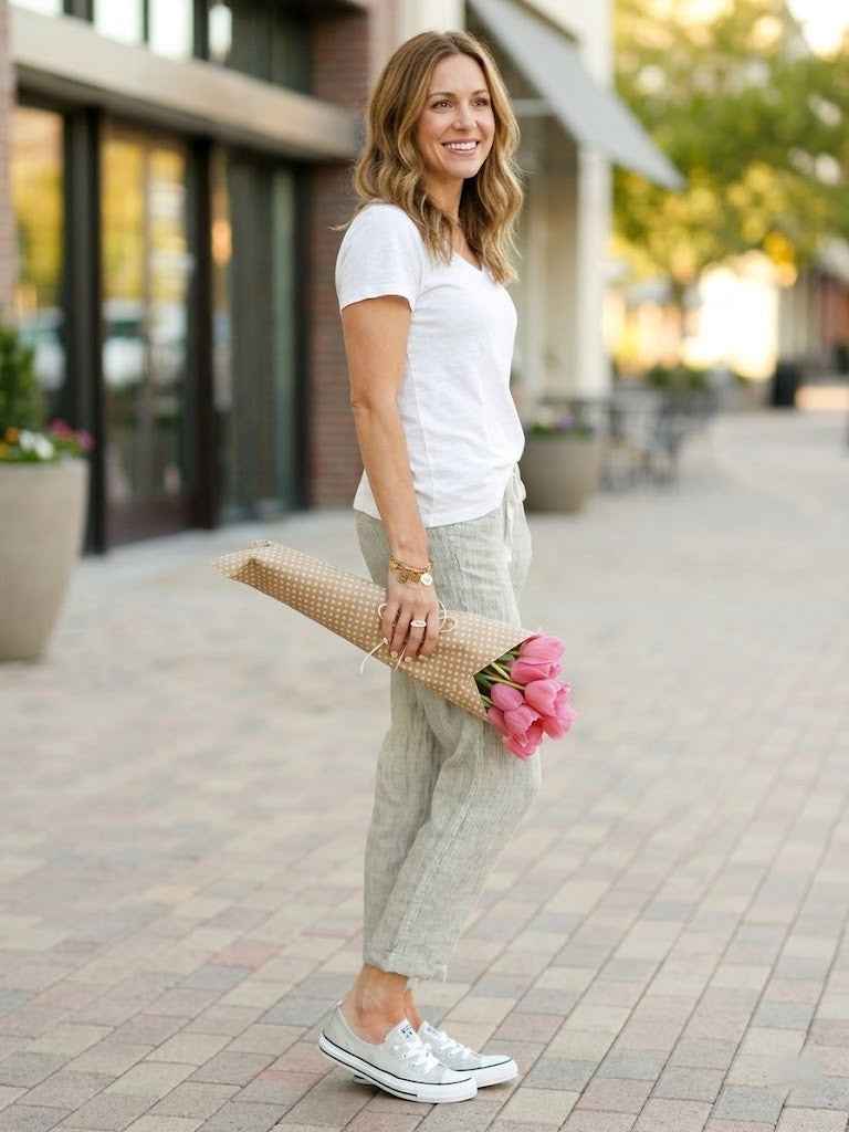 pantalon en coton et lin à taille élastique