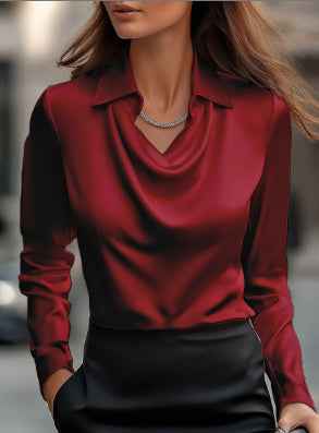 Top Chemise femme en satin uni à col drapé