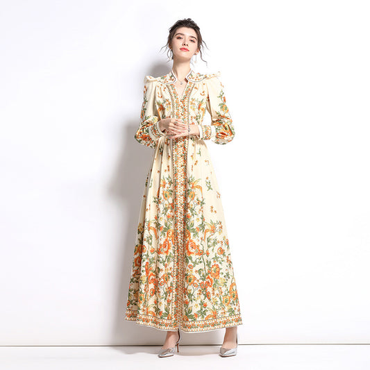 Robe longue d'automne à manches longues, avec sac fait main imprimé ethnique