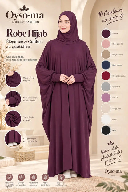 Robe Hijab à manches chauve-souris unie avec pochette