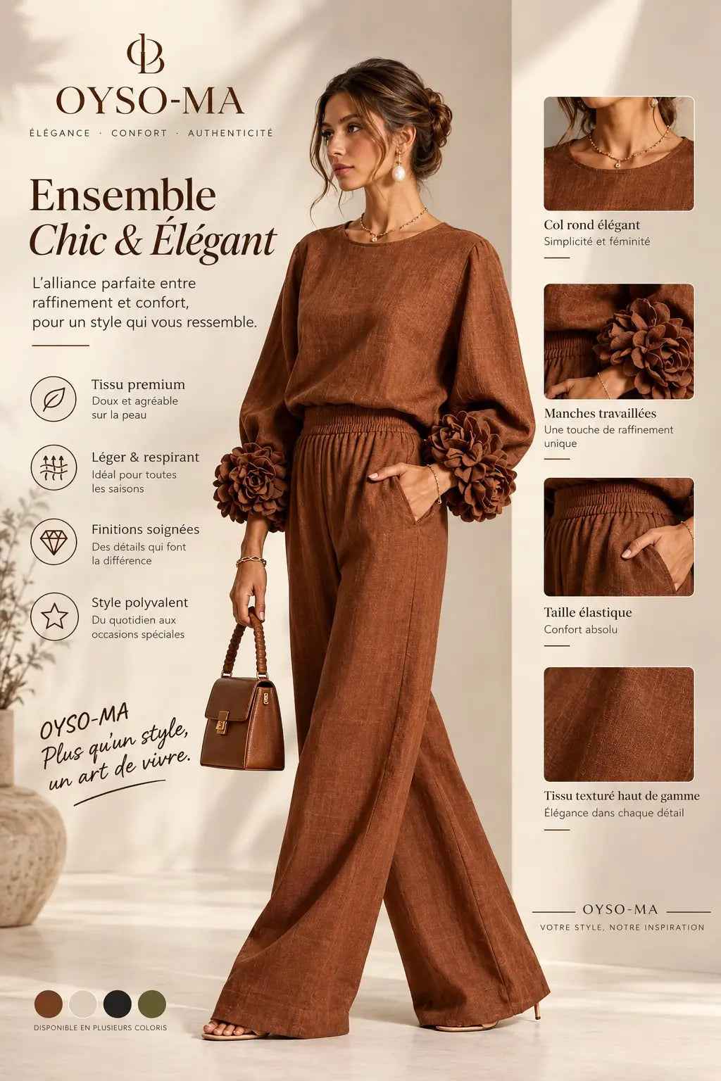 Ensemble haut à manches bouffantes à motif floral et pantalon large
