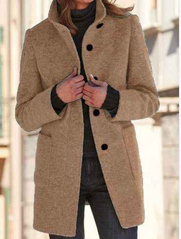 Manteau en laine à col montant avec poches, automne-hiver pour femmes