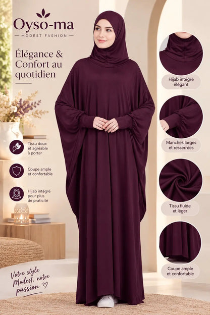 Robe Hijab à manches chauve-souris unie avec pochette