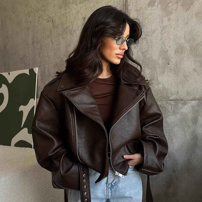 Manteau en cuir à lacets court pour femme au tempérament