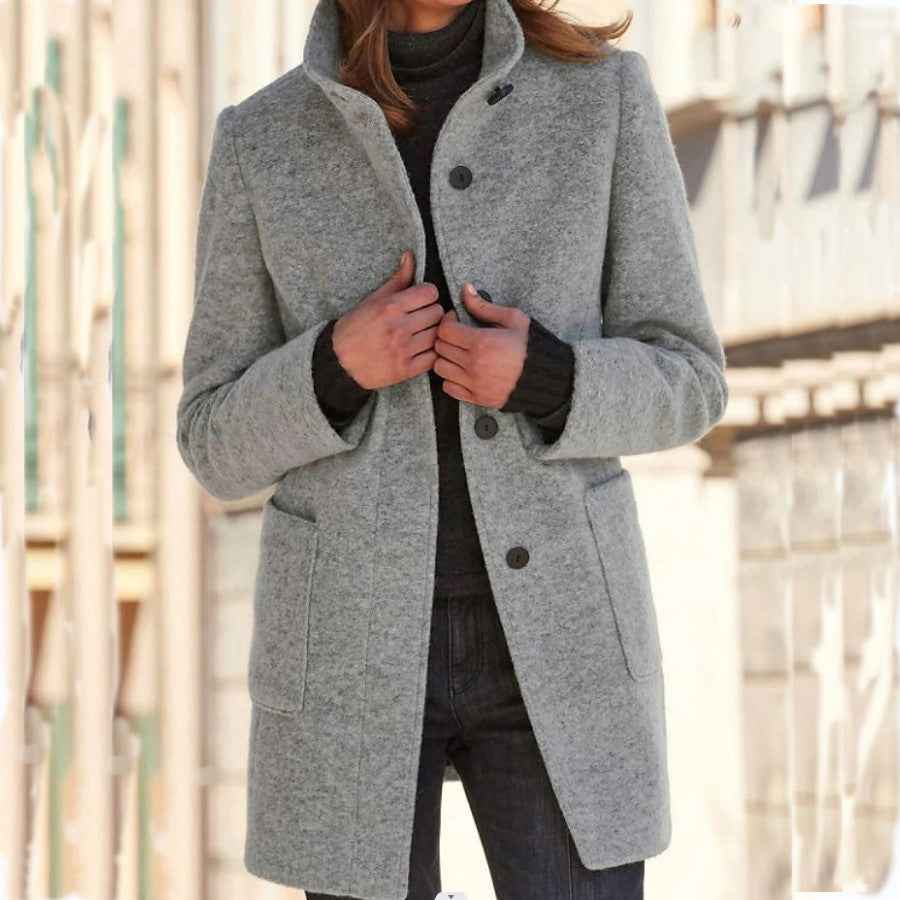 Manteau en laine à col montant avec poches, automne-hiver pour femmes