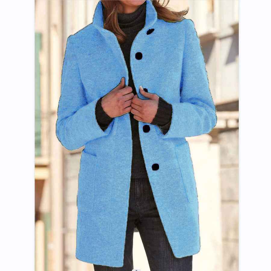 Manteau en laine à col montant avec poches, automne-hiver pour femmes