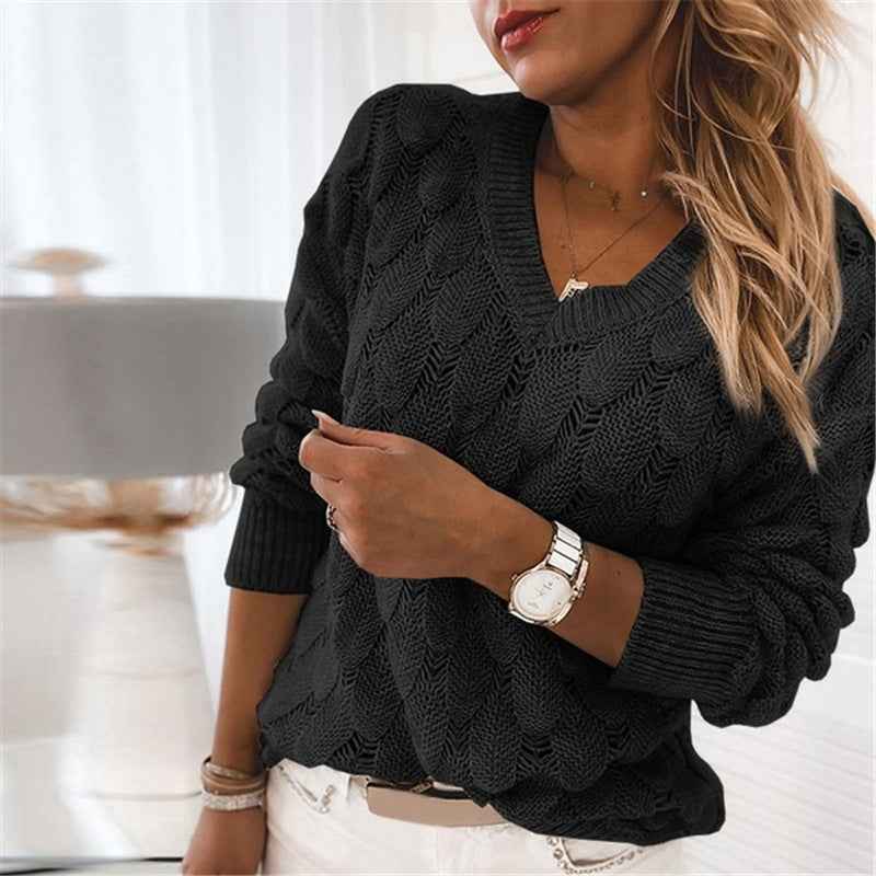 Pull en tricot Ins Feather Hollow à col en V pour femme