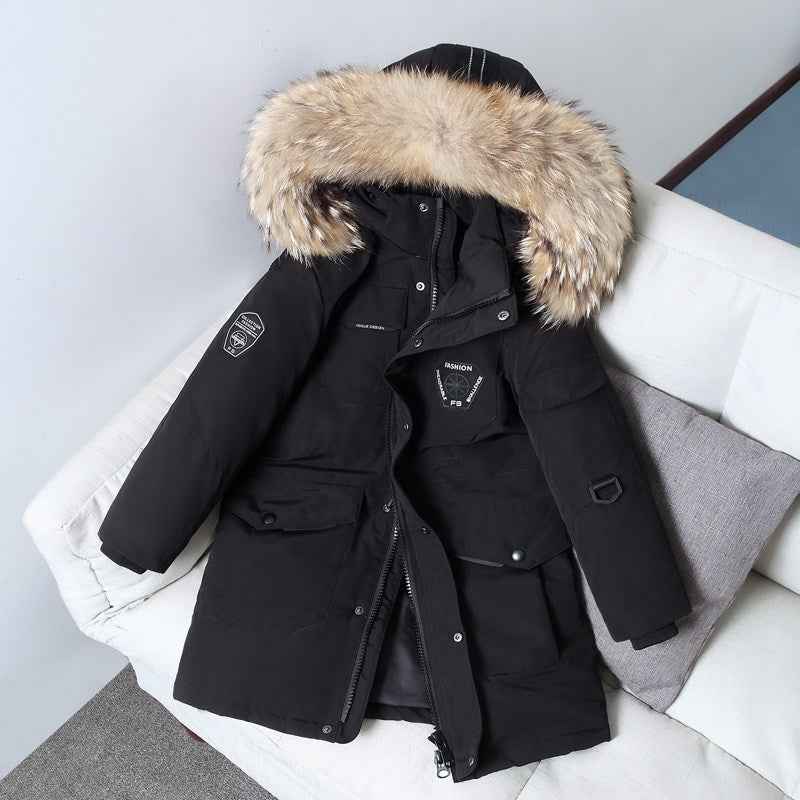Doudoune pour enfants Garçons mi-longue épaissie Manteau à col en fourrure