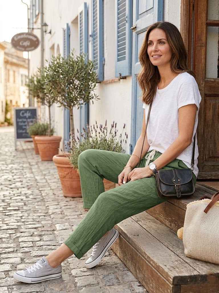 pantalon en coton et lin à taille élastique