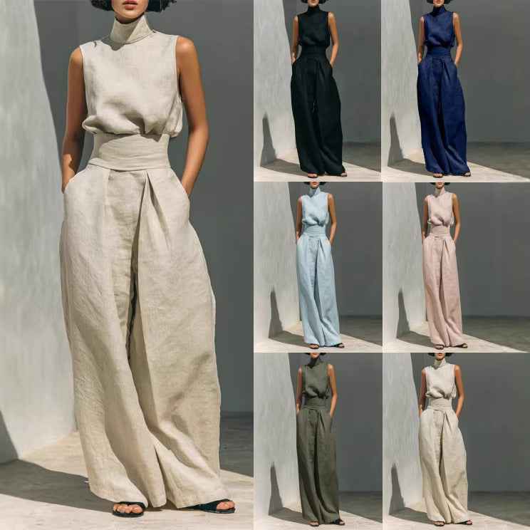 Casual Sleeveless Suit Summer Stand-up Collar Pullover Top And Loose Straight-leg Trousers Women's Clothing