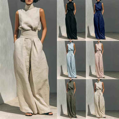 Casual Sleeveless Suit Summer Stand-up Collar Pullover Top And Loose Straight-leg Trousers Women's Clothing