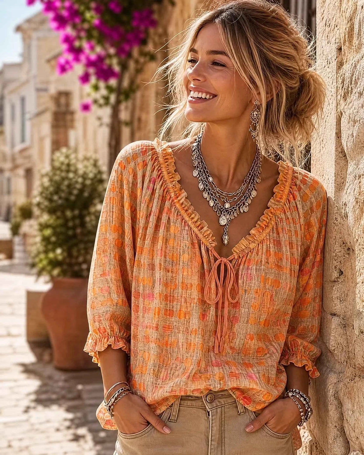 Chemise imprimée décontractée style ethnique à pois