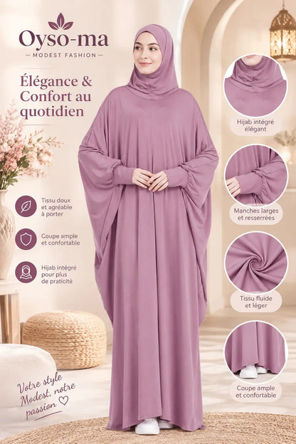 Robe Hijab à manches chauve-souris unie avec pochette