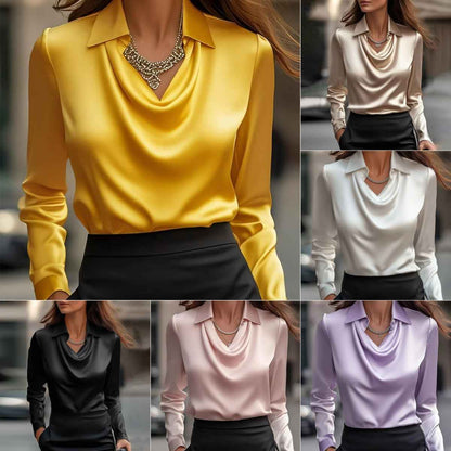 Top Chemise femme en satin uni à col drapé