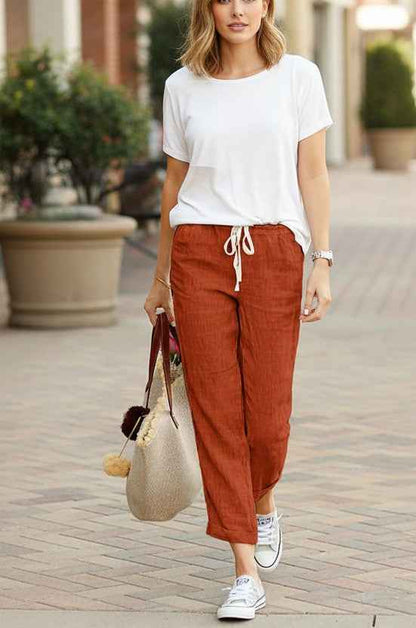 pantalon en coton et lin à taille élastique