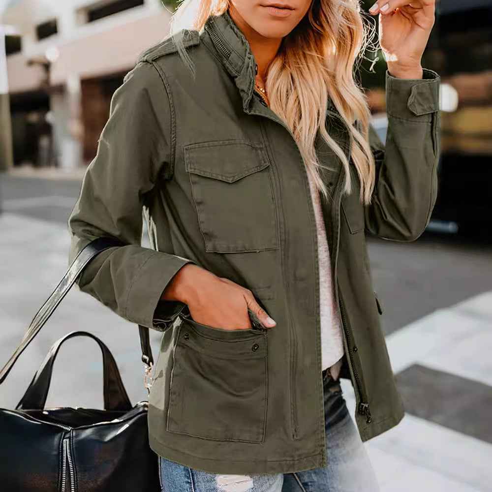 Veste décontractée pour femme à fermeture éclair, col à revers
