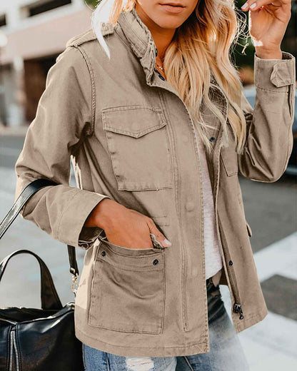 Veste décontractée pour femme à fermeture éclair, col à revers