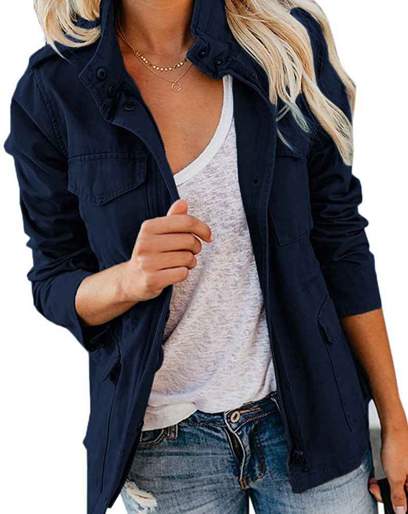 Veste décontractée pour femme à fermeture éclair, col à revers