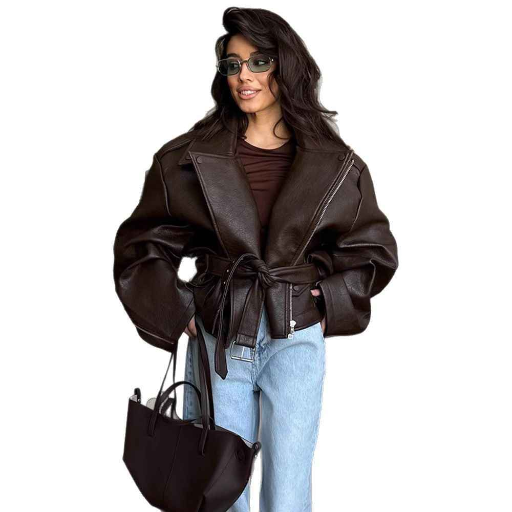 Manteau en cuir à lacets court pour femme au tempérament