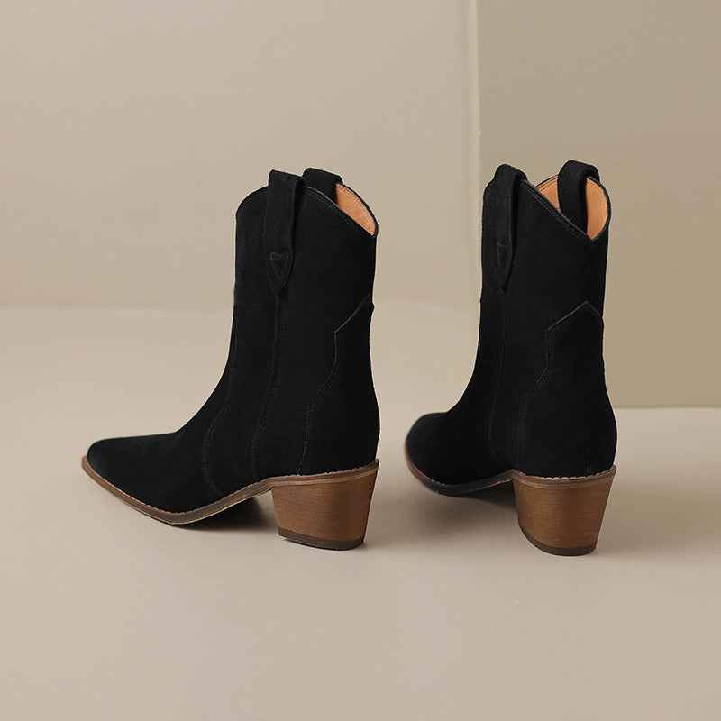 Bottines à talon moyen épais en cuir mat à la mode