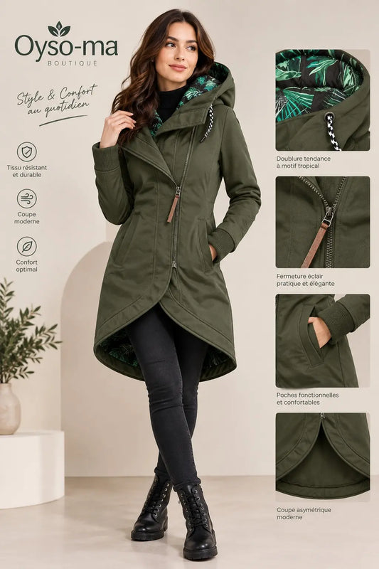 Manteau à capuche interieur imprimée de couleur unie