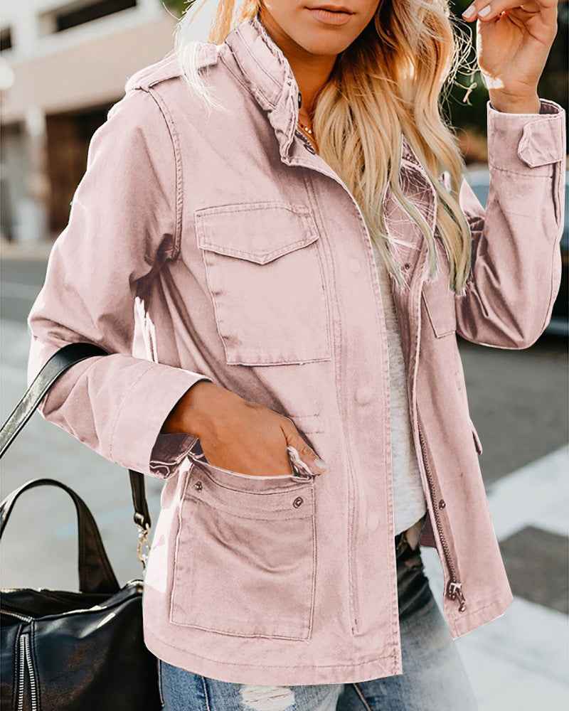 Veste décontractée pour femme à fermeture éclair, col à revers