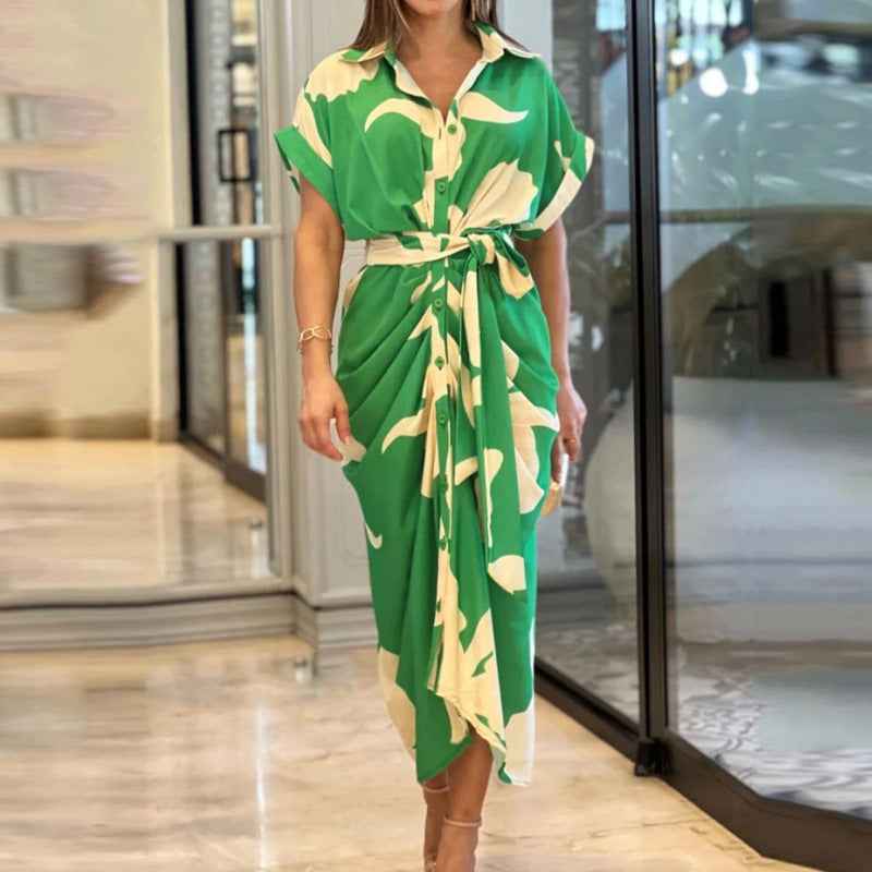 Robe blouse imprimé pour femmes avec col à revers, manches courtes et taille haute