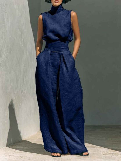 Casual Sleeveless Suit Summer Stand-up Collar Pullover Top And Loose Straight-leg Trousers Women's Clothing