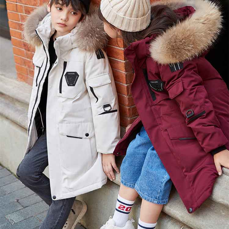 Doudoune pour enfants Garçons mi-longue épaissie Manteau à col en fourrure